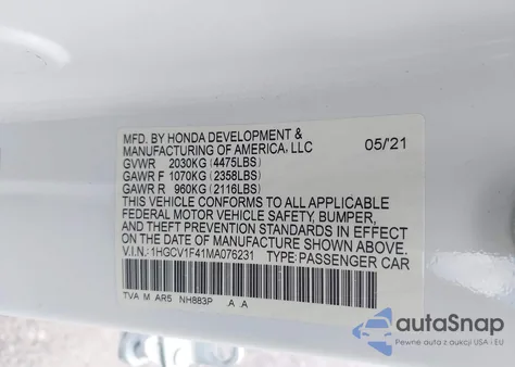 2021 Honda Accord Sport Special Edition z USA, uszkodzony, nr VIN 1HGCV1F41MA076231